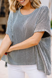 Women's Ribbed Knit Oversized Short Sleeve Top Round Neck Relaxed Tee
