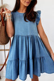 LC786418-4-S, LC786418-4-M, LC786418-4-L, LC786418-4-XL, Sky Blue Crew Neck Flutter Tiered A-line Chambray Dress