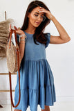 LC786418-4-S, LC786418-4-M, LC786418-4-L, LC786418-4-XL, Sky Blue Crew Neck Flutter Tiered A-line Chambray Dress