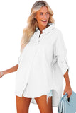 Women's Solid Color Roll Tab Sleeve High Low Blouse Button Up Tunic Oversized Shirt