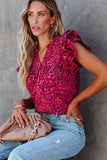 LC25120391-6-S, LC25120391-6-M, LC25120391-6-L, LC25120391-6-XL, Rose Floral Print Tiered Flutter Sleeve V Neck Top