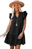 LC6113284-2-S, LC6113284-2-M, LC6113284-2-L, LC6113284-2-XL, Black Tiered Ruffled Sleeves Mini Dress with Pockets