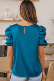 LC25119594-5-S, LC25119594-5-M, LC25119594-5-L, LC25119594-5-XL, Blue Ruched Puff Short Sleeve Satin Blouse