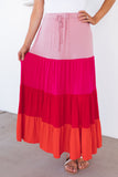 LC721361-10-S, LC721361-10-M, LC721361-10-L, LC721361-10-XL, Pink Color Block Tiered Drawstring High Waist Maxi Skirt