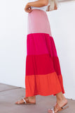 LC721361-10-S, LC721361-10-M, LC721361-10-L, LC721361-10-XL, Pink Color Block Tiered Drawstring High Waist Maxi Skirt