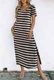 LC6113423-2-S, LC6113423-2-M, LC6113423-2-L, LC6113423-2-XL, Black Stripe Print V Neck Maxi Dress with Side Splits