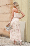 LC6113784-10-S, LC6113784-10-M, LC6113784-10-L, LC6113784-10-XL, Pink Floral Print Strapless Tube Top Maxi Dress