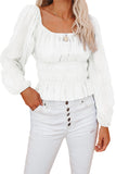 LC25119455-1-S, LC25119455-1-M, LC25119455-1-L, LC25119455-1-XL, LC25119455-1-2XL, White Solid Color Shirred Puff Sleeve Ruched Blouse