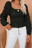 LC25119455-2-S, LC25119455-2-M, LC25119455-2-L, LC25119455-2-XL, LC25119455-2-2XL, Black Solid Color Shirred Puff Sleeve Ruched Blouse