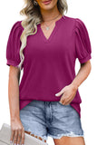 Women's Solid Color Pleated Puff Short Sleeve Top V Neck Curved Hem T Shirt