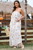 LC6113784-1-S, LC6113784-1-M, LC6113784-1-L, LC6113784-1-XL, White Floral Print Strapless Tube Top Maxi Dress