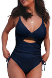 LC443640-5-S, LC443640-5-M, LC443640-5-L, LC443640-5-XL, LC443640-5-2XL, Blue Front Cutout Ruched One Piece Swimsuit