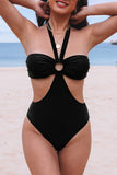 Women's Halter O-ring One Piece Swimsuit Ruched Bust Cut Out Bathing Suit