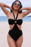 LC443451-2-S, LC443451-2-M, LC443451-2-L, LC443451-2-XL, LC443451-2-2XL, Black Halter O-ring Ruched Bust One Piece Swimsuit