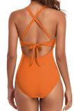 LC443640-14-S, LC443640-14-M, LC443640-14-L, LC443640-14-XL, LC443640-14-2XL, Orange Front Cutout Ruched One Piece Swimsuit