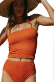 LC433923-14-S, LC433923-14-M, LC433923-14-L, LC433923-14-XL, Orange Solid Crinkle Textured Spaghetti Strap Tankini 2pcs Swimsuit