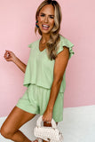 LC625031-9-S, LC625031-9-M, LC625031-9-L, LC625031-9-XL, Green Crinkled Texture V Neck Ruffled Sleeve Tops and Shorts Set