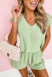 LC625031-9-S, LC625031-9-M, LC625031-9-L, LC625031-9-XL, Green Crinkled Texture V Neck Ruffled Sleeve Tops and Shorts Set