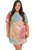 PL61681-22-1X, PL61681-22-2X, PL61681-22-3X, Multicolor Plus Size Tie Dye Slit T-shirt Dress