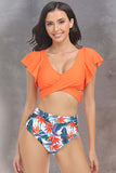 LC433934-14-S, LC433934-14-M, LC433934-14-L, LC433934-14-XL, Orange Flutter Sleeve Cross Criss Tied Floral High Waisted Bikini Swimsuit