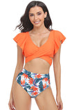 LC433934-14-S, LC433934-14-M, LC433934-14-L, LC433934-14-XL, Orange Flutter Sleeve Cross Criss Tied Floral High Waisted Bikini Swimsuit