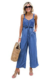 LC25214551-4-S, LC25214551-4-M, LC25214551-4-L, LC25214551-4-XL, Sky Blue Buttoned Wide Leg Belted Chambray Strappy Jumpsuit