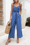 Women's Buttoned Wide Leg Belted Denim Jumpsuit Chambray Strappy Jumpsuit