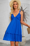 LC6113535-5-S, LC6113535-5-M, LC6113535-5-XL, LC6113535-5-L, Blue Tie Shoulder Straps Shirred Back Ruffle Dress