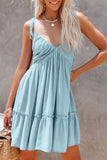 LC6113535-4-S, LC6113535-4-M, LC6113535-4-XL, LC6113535-4-L, Sky Blue Tie Shoulder Straps Shirred Back Ruffle Dress