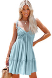 LC6113535-4-S, LC6113535-4-M, LC6113535-4-XL, LC6113535-4-L, Sky Blue Tie Shoulder Straps Shirred Back Ruffle Dress