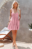 LC6113535-10-S, LC6113535-10-M, LC6113535-10-XL, LC6113535-10-L, Pink Tie Shoulder Straps Shirred Back Ruffle Dress