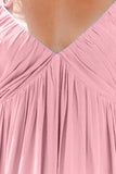 LC6113535-10-S, LC6113535-10-M, LC6113535-10-XL, LC6113535-10-L, Pink Tie Shoulder Straps Shirred Back Ruffle Dress
