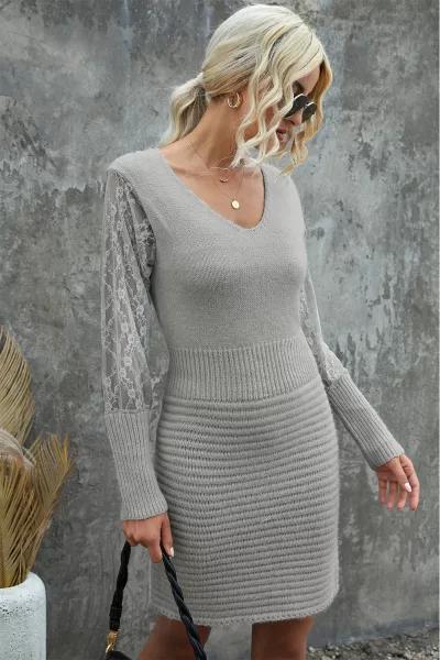 V Neck Lace Sleeve Sweater Bodycon Dress