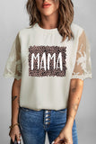 Women Floral Lace Sleeve Patchwork Top Round Neck Printed Short Sleeve Blouse