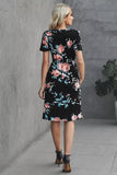 Black Short Sleeve Drawstring Waist Floral Dress With Pockets
