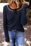 Women's Navy Blue Waffle Knit Shirt Embroidered Neck Button Up Long Sleeve Top