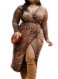 Wrap V Neck Leopard Plus Size Dress with Front Slit