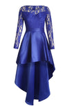 Blue Royal Blue Long Sleeve Lace High Low Satin Prom Dress LC61910-5