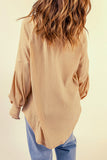Women Puff Sleeve Rib Knit Pullover Button Down Swing Tunic Top with Thumbhole