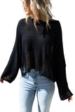 Black FLare Sleeves Dropped Shoulder Distressed Knit Sweater