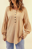 Women Puff Sleeve Rib Knit Pullover Button Down Swing Tunic Top with Thumbhole