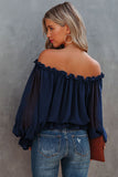 Women's Off Shoulder Ruffle Trim Lace Up Shirt Billowy Sleeves Bardot Blouse