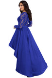Blue Royal Blue Long Sleeve Lace High Low Satin Prom Dress LC61910-5