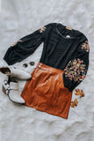 Women's Floral Embroidery Blouse Crew Neck Puff Long Sleeve Top