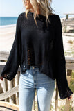 Black FLare Sleeves Dropped Shoulder Distressed Knit Sweater