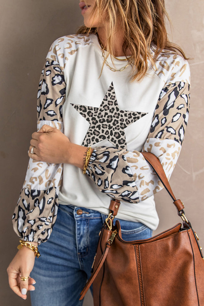 Women's Leopard Print Splicing Tops Round Neck Puff Long Sleeve Shirts