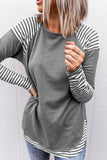 Women's Striped Raglan Long Sleeve Shirt Patchwork Printed Round Neck Top