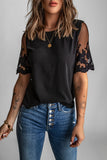 Women Floral Lace Sleeve Patchwork Top Round Neck Printed Short Sleeve Blouse