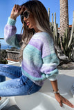 Puff Sleeve Crew Neck Color Block Mohair Sweater