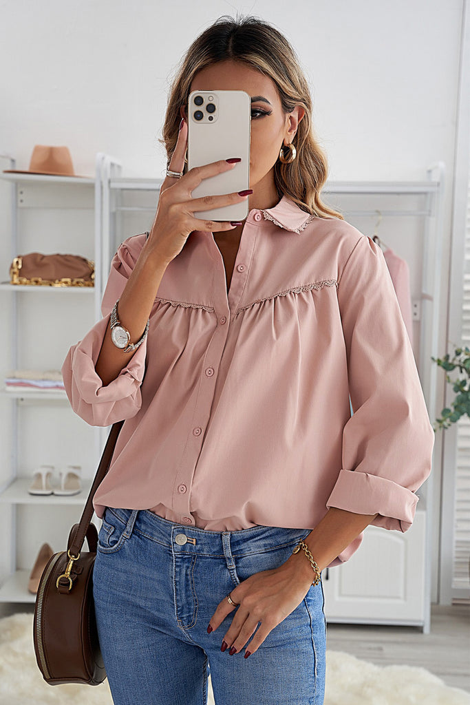 Solid Color Long Sleeve Ruffle Top Blouse